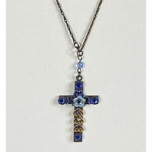 Belladonna Cross Necklace VTG Signed Collar Blue Crystal Rhinestone Enamel Rare